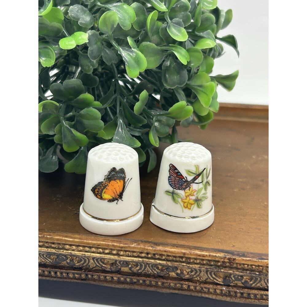 Vtg White Porcelain Thimbles Hand Pained Butterflies Sewing Accessories Ser Of 2